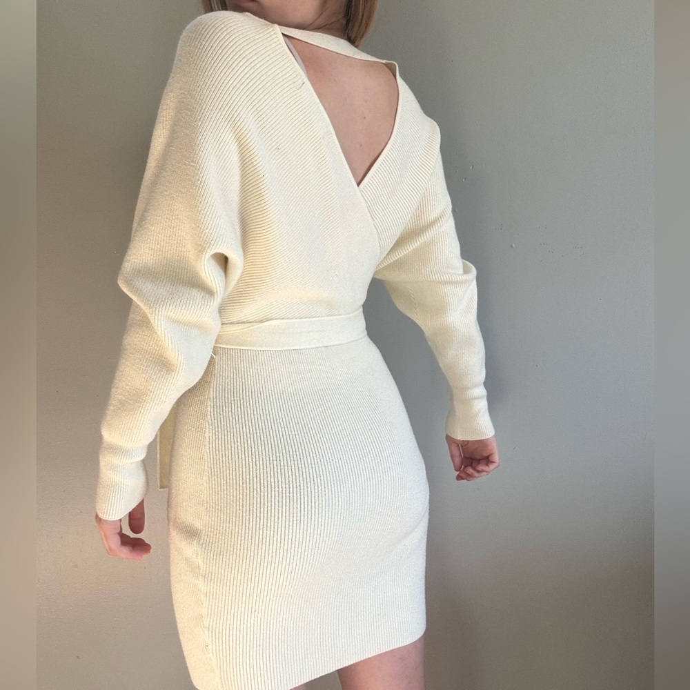 Zesica Cream Kit Wrap Front Tie Sweater Dress - Picture 7 of 8